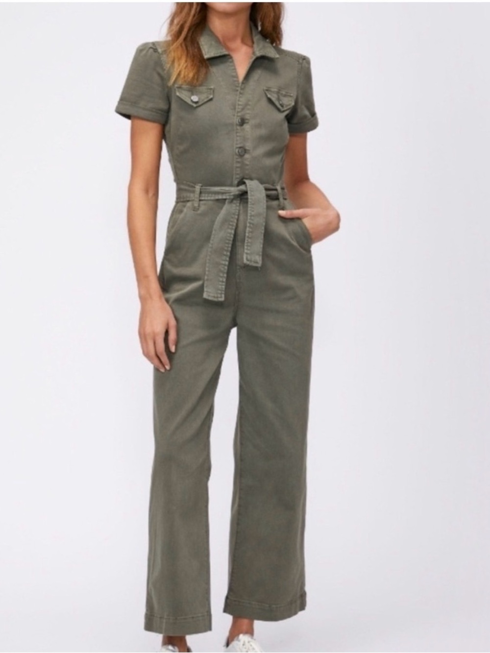 BNWT Paige Utility Short-Sleeve Belted Jumpsuit in Olive Green